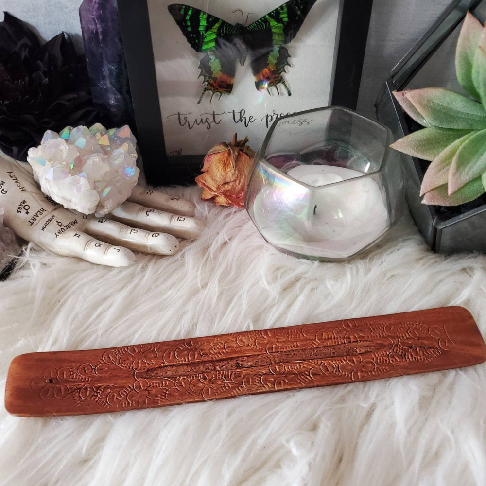 Carved Floral Wood Incense Burner with Pen on White Background