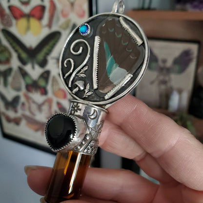 a person holding a bottle with a clock inside
